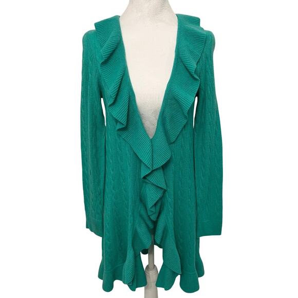 NWT Lilly 100% Cashmere Cardigan Cable Knit Sweater Green Sz Small Y2K Waterfall - Picture 1 of 8